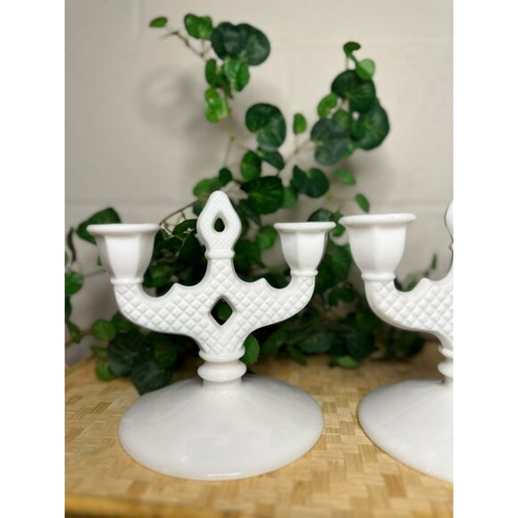 Vintage Westmoreland Glass PAIR Candelabra Candle Holders English Hobnail White - Picture 3 of 8